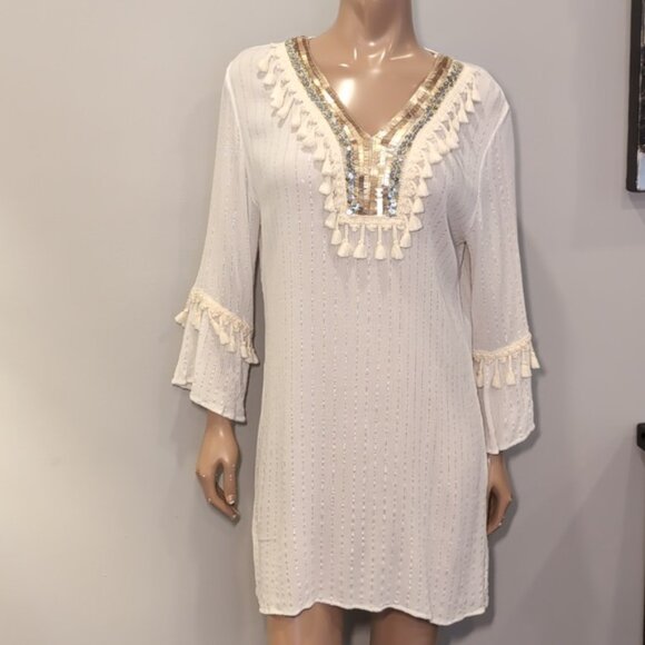 CIAO MILANO Boho Tassel Tunic Shift Dress Flare Sleeve Tassel Metallic Sequin - Picture 3 of 16